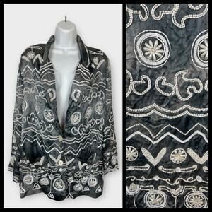 Sandy Starkman Gray Silver White Shell Beaded Embellished Artsy Jackey Small